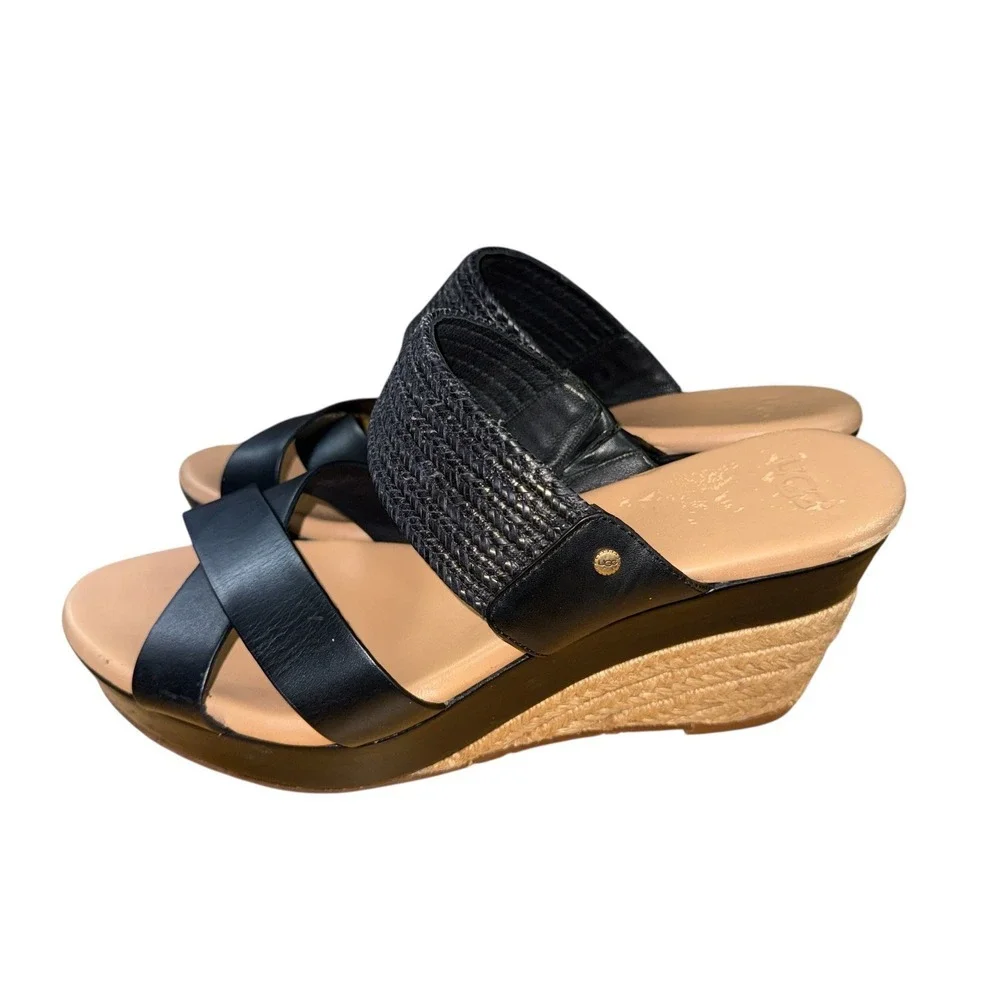 UGG Adriana Wedge Sandals Womens 8.5 Espadrille Slide Black Leather Braided Logo
